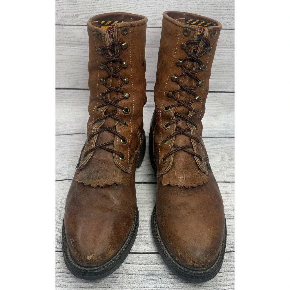 Justin 760 Mens Brown Leather Lace Up‎ Kiltie Work Boots Size 10 D Made in USA